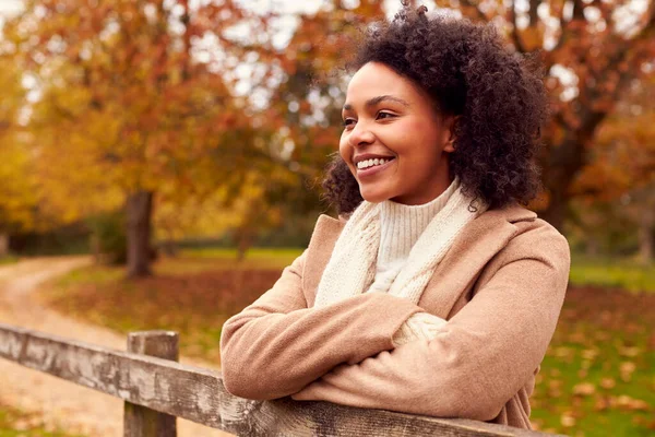 Head Shoulders Portrait Beautiful Woman Walk Autumn Countryside Resting Fence — Zdjęcie stockowe