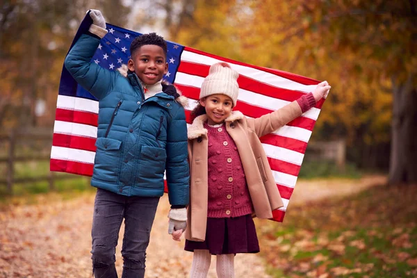 骄傲的美国男孩和女孩举着星条旗站在户外的画像 — 图库照片