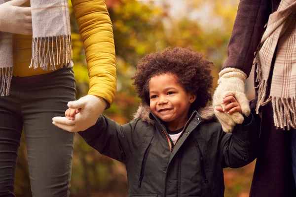 Close Grandmother Grandfather Holding Hands Grandson Walk Autumn Countryside — Stockfoto