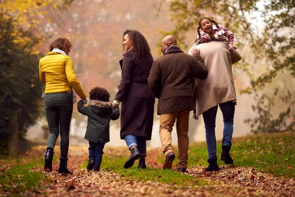 Rear View Multi Generation Family Having Fun Children Walking Autumn — 스톡 사진