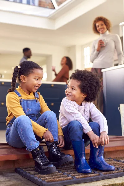 Children Sitting Step Home Putting Boots Going Family Walk Grandparents — Foto Stock