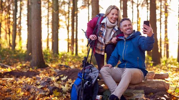 Volwassen Gepensioneerd Paar Lopen Herfst Winter Platteland Poseren Voor Selfie — Stockfoto
