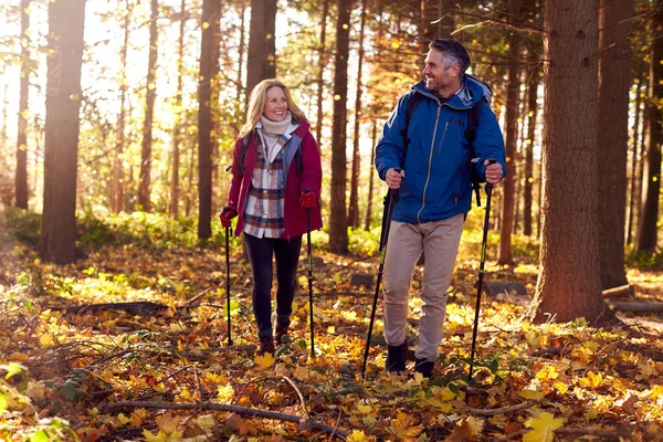 秋や冬の田園地帯をハイキングポールを使用して歩く成熟した退職したカップルのフロントビュー — ストック写真