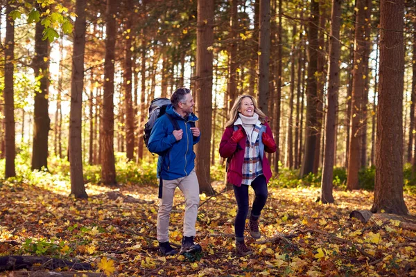 マチュア退職カップル付きバックパックを歩くスルー秋または冬の田舎 — ストック写真