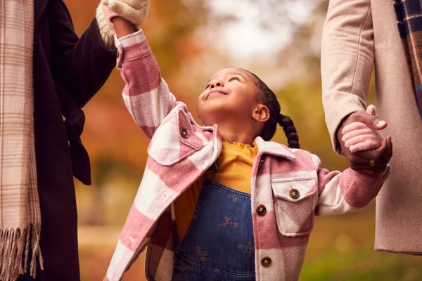 Close Mother Father Holding Hands Daughter Walk Autumn Countryside Stock Picture