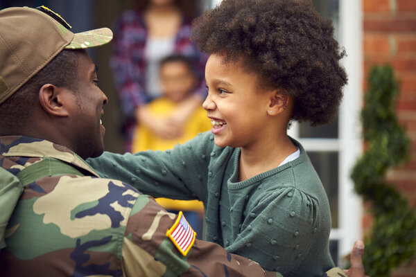 American Soldier Uniform Returning Home Family Hugging Children House Stock Image