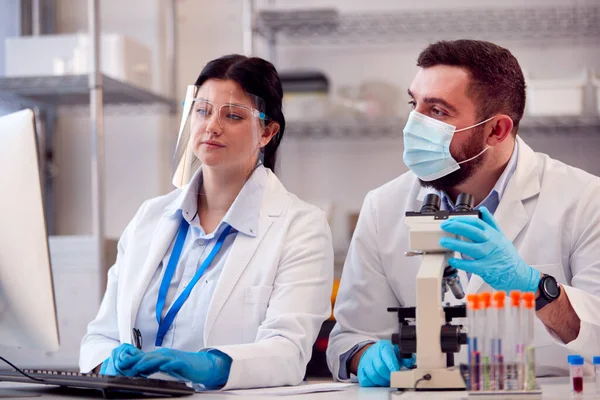 白いコートを着た女性研究室労働者がコンピュータで血液検査結果を記録 — ストック写真