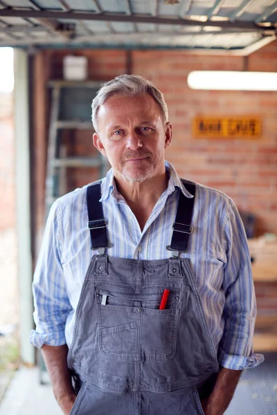 Portrait Mature Male Wearing Overalls Garage Workshop — Stock Photo, Image