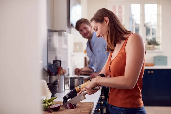 Couple Woman Prosthetic Arm Kitchen Preparing Meal Together — стоковое фото