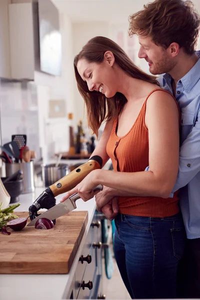 Couple Woman Prosthetic Arm Kitchen Preparing Meal Together — Foto Stock