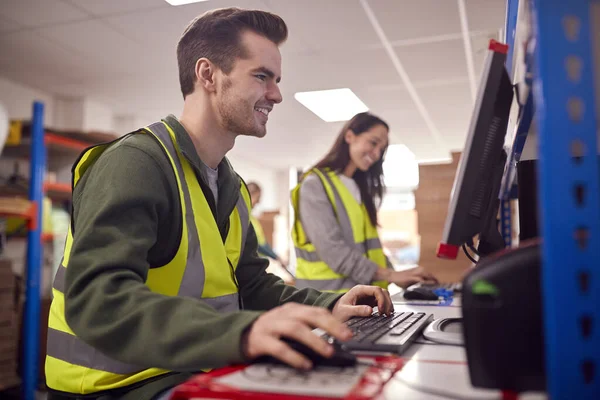 Staff Busy Modern Warehouse Working Computer Terminals — Stock Photo, Image