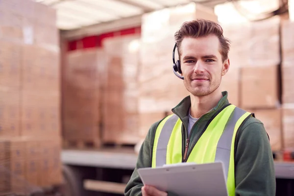 Portrait Male Worker Freight Haulage Business Standing Truck Being Loaded — Stock Photo, Image