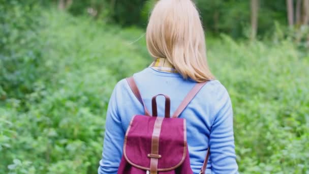 Rear View Mature Woman Wearing Backpack Walking Ahead Camera Path — Stok video