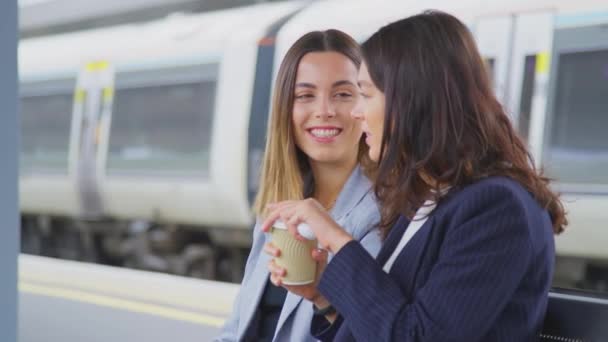 Twee Zakenvrouwen Die Naar Hun Werk Reizen Wachtend Trein Het — Stockvideo