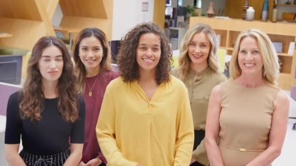 Portrait Smiling Multi Cultural Female Business Team Standing Modern Open — Stock Video