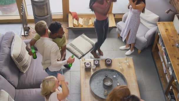 Overhead Shot Multi Cultural Group Friends Watching Sports Game Home — Video Stock