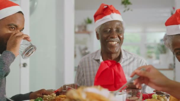 Семья Нескольких Поколений Шляпах Санта Клауса Наслаждается Рождественской Едой Дома — стоковое видео