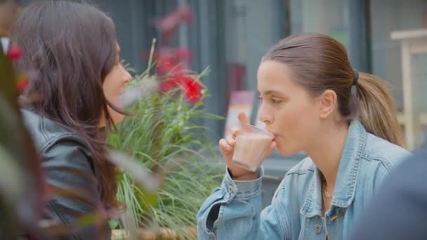 Happy Same Sex Female Couple Date Meeting Coffee Shop Holding — Vídeo de stock