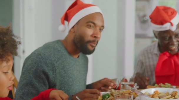 Familia Varias Generaciones Sombreros Santa Claus Disfrutando Comida Navidad Casa — Vídeos de Stock