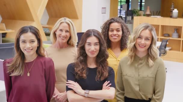Portrait Smiling Multi Cultural Female Business Team Standing Modern Open — Video