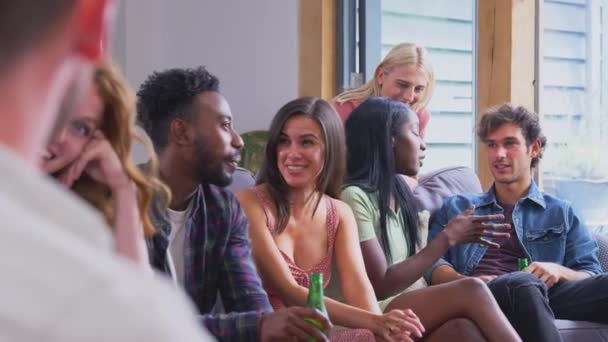 Multi Cultural Group Friends Sitting Sofas Home Together Enjoying Drinks — Vídeo de Stock