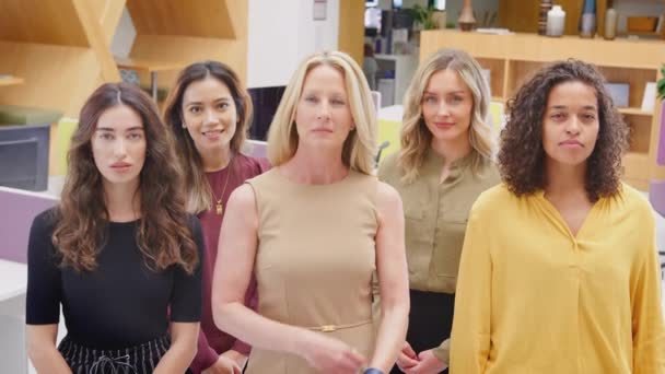 Retrato Del Equipo Negocios Femenino Multicultural Pie Oficina Moderna Planta — Vídeo de stock