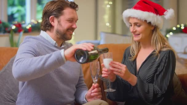 Loving Couple Linking Arms Make Toast Champagne Christmas Tree Home — Stok video