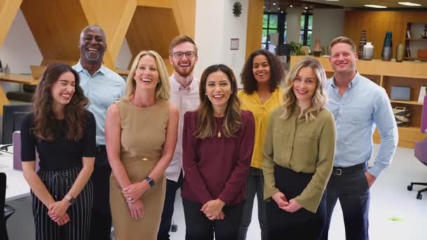 Portrait Smiling Multi Cultural Business Team Standing Modern Open Plan — Stock Video