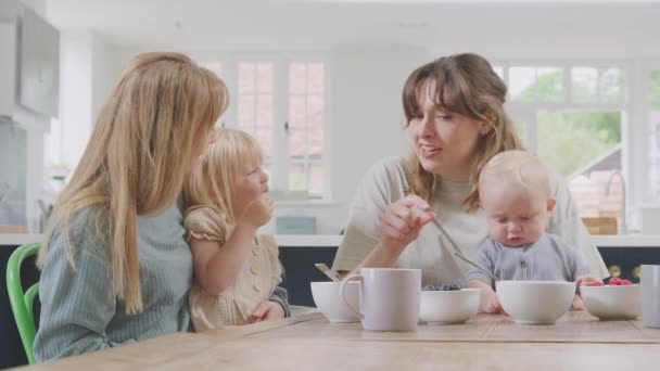 Same Sex Female Couple Having Healthy Breakfast Home Daughter Baby — 图库视频影像