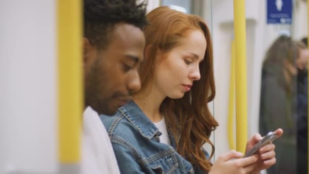 Young Couple Vloggers Social Influencers Travelling City Subway Train Social — Wideo stockowe