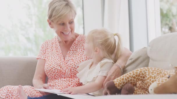 Granddaughter Toy Giraffe Sitting Sofa Grandmother Reading Story Book Together — 图库视频影像