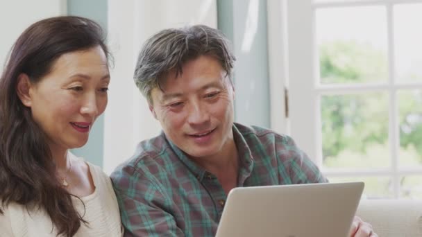 Senyum Pasangan Dewasa Duduk Sofa Rumah Membuat Panggilan Video Laptop — Stok Video