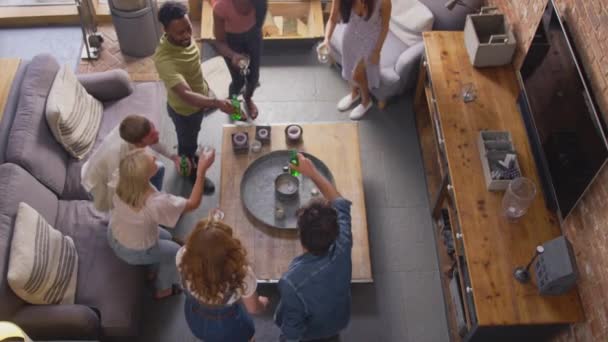 Накладний Знімок Багатокультурної Групи Друзів Вітальні Вдома Роблять Тост Пивом — стокове відео