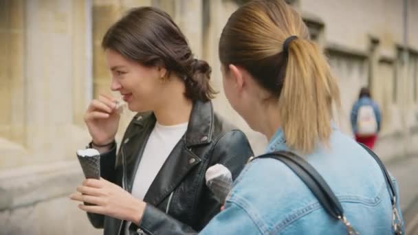 Счастливый Однополые Женщины Пара Осмотра Достопримечательностей Положить Мороженое Нос Друг — стоковое видео