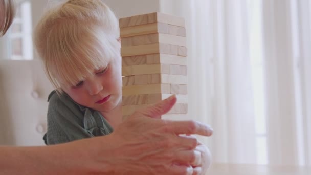 Filmaufnahmen Der Schönen Jungen Mutter Und Tochter Spielen Mit Blöcken — Stockvideo