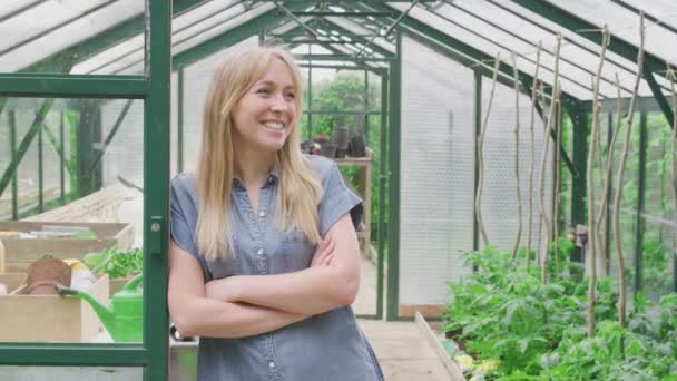 Portrait Smiling Woman Growing Vegetables Standing Doorway Greenhouse Folding Arms — Stok video