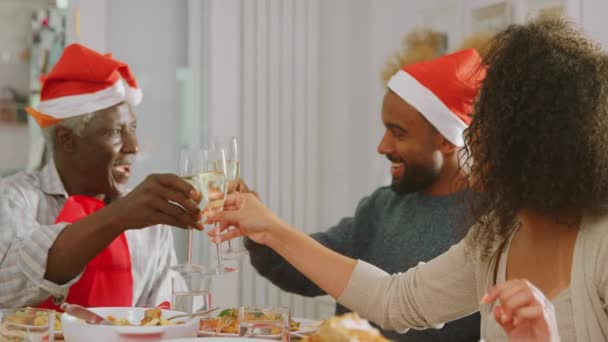 Multi Generation Family Santa Hats Making Toast Enjoy Eating Christmas — Stock video