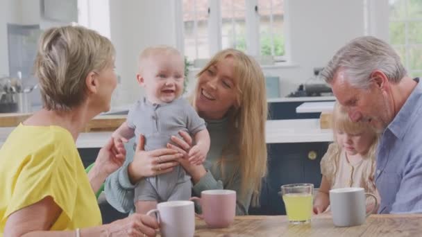 Grandparents Adult Daughter Grandchildren Sitting Kitchen Table Home Shot Slow — Vídeo de Stock