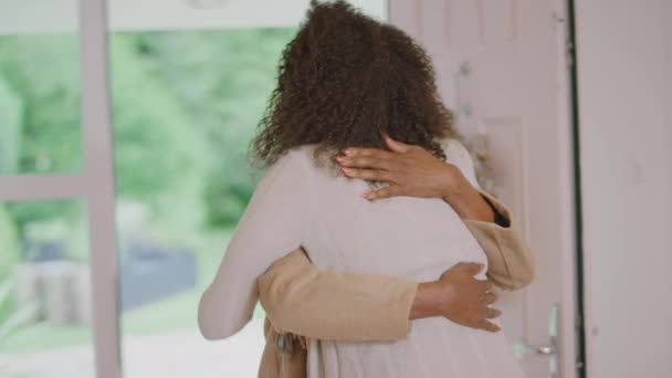 Hija Adulta Saludando Madre Puerta Principal Cuando Llega Para Celebrar — Vídeos de Stock