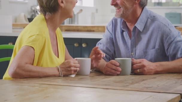 Camera Tilts Loving Retired Senior Couple Sit Table Home Kitchen — Stockvideo