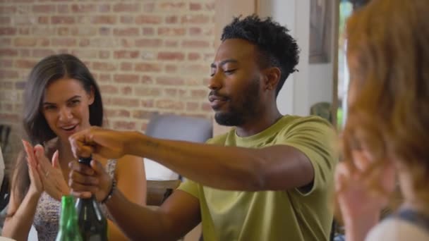 Man Opening Bottle Champagne Multi Cultural Group Friends Enjoy Takeaway — Stock Video