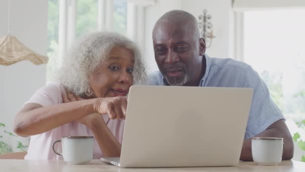 Alışverişinde Dizüstü Bilgisayarda Oturan Internetten Rezervasyon Yapan Yaşlı Çift Ağır — Stok video