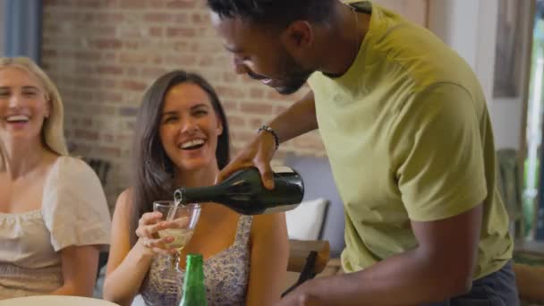 Man Pouring Drinks Multi Cultural Group Friends Enjoy Takeaway Meal — Vídeo de Stock