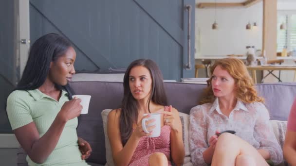 Multi Cultural Group Women Sitting Sofa Home Talking Drinking Hot — 图库视频影像