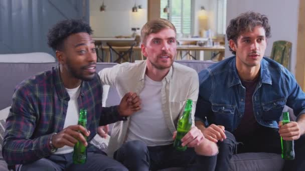 Multi Cultural Group Male Friends Watching Sports Game Home Celebrating — Stockvideo