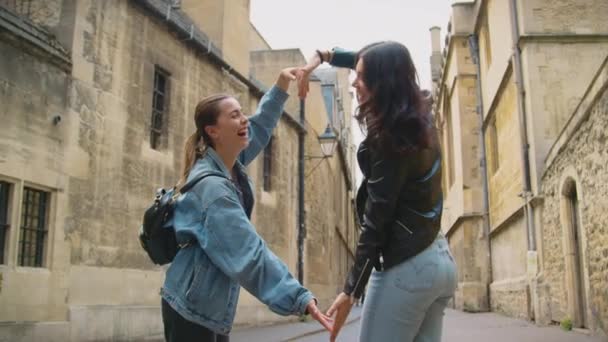 Same Sex Female Couple Pose Photo Making Shape Frame Hands — Stock Video