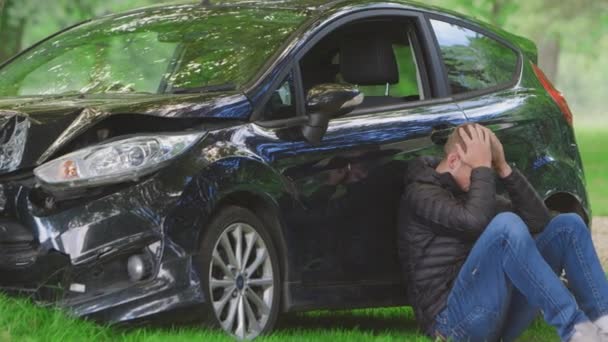 Teenage Driver Head Hands Sitting Next Wreck Car Traffic Accident — 图库视频影像