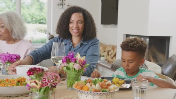 Mother Son Sitting Table Home Enjoying Eating Meal Multi Generation — Stock Video