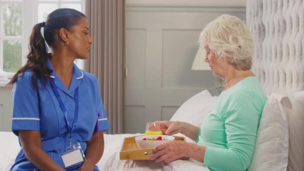 Female Care Worker Uniform Bringing Breakfast Tray Senior Woman Bed — Vídeo de Stock