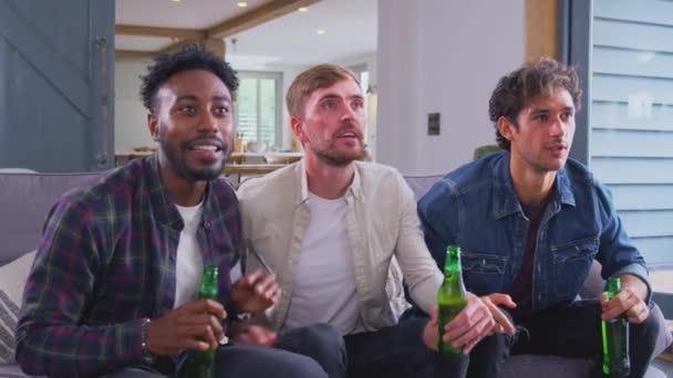 Multi Cultural Group Male Friends Watching Sports Game Home Celebrating — 비디오